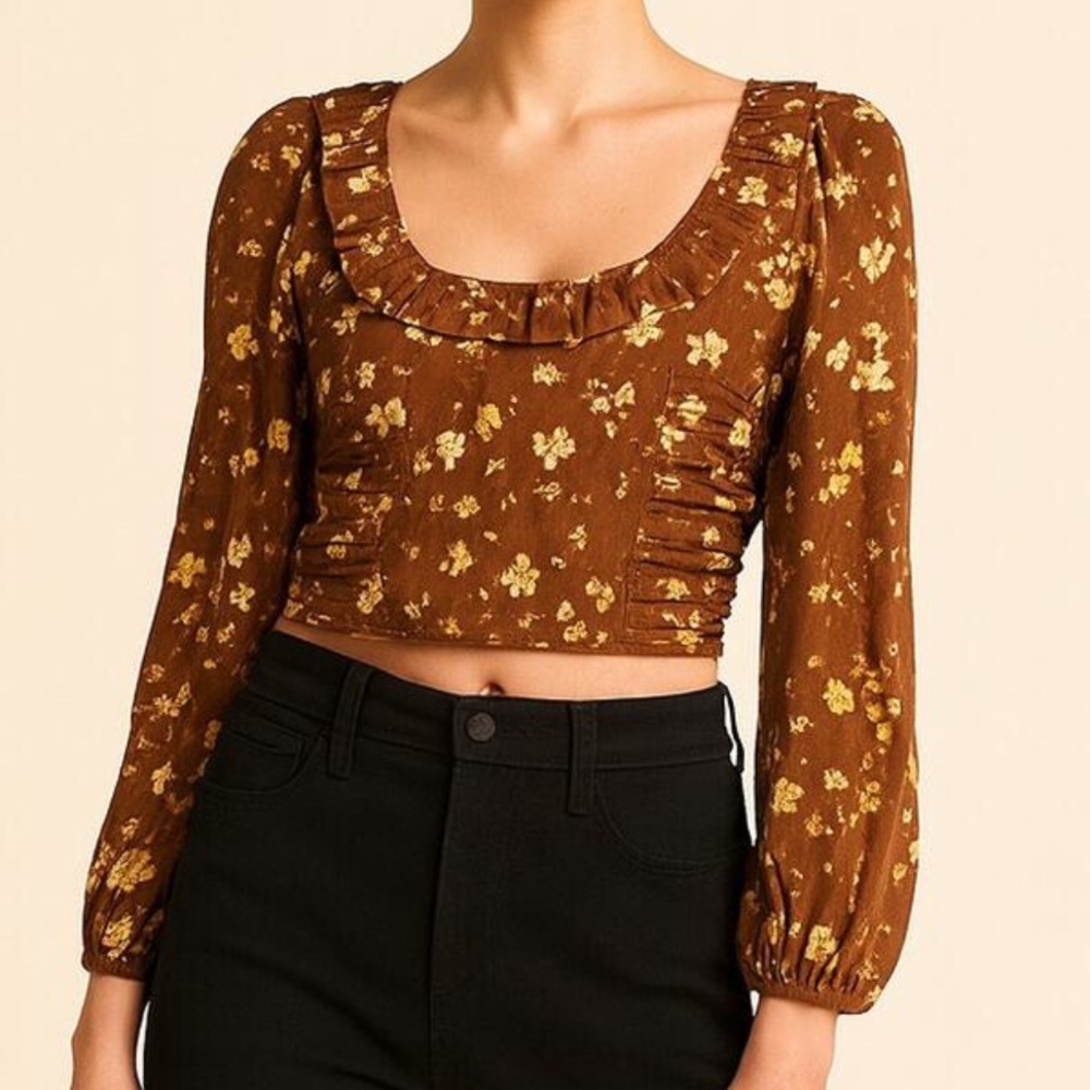 Free People Sz S Cappuccino Floral Boho Long Sleeve Another Life Printed Top NWT